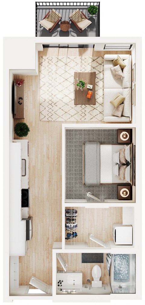 Floor plan for 1 bed, 1 bath, 554 sqft